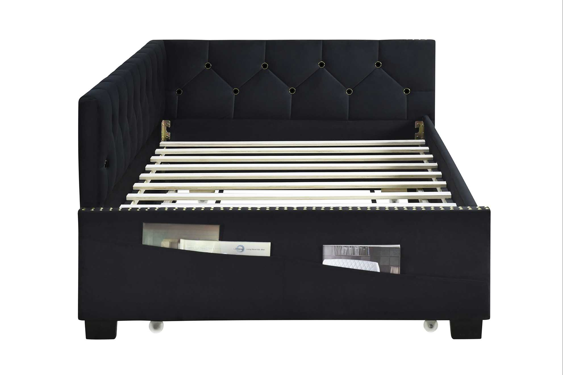 Black velvet tufted headboard bed frame with builtin storage pockets for books