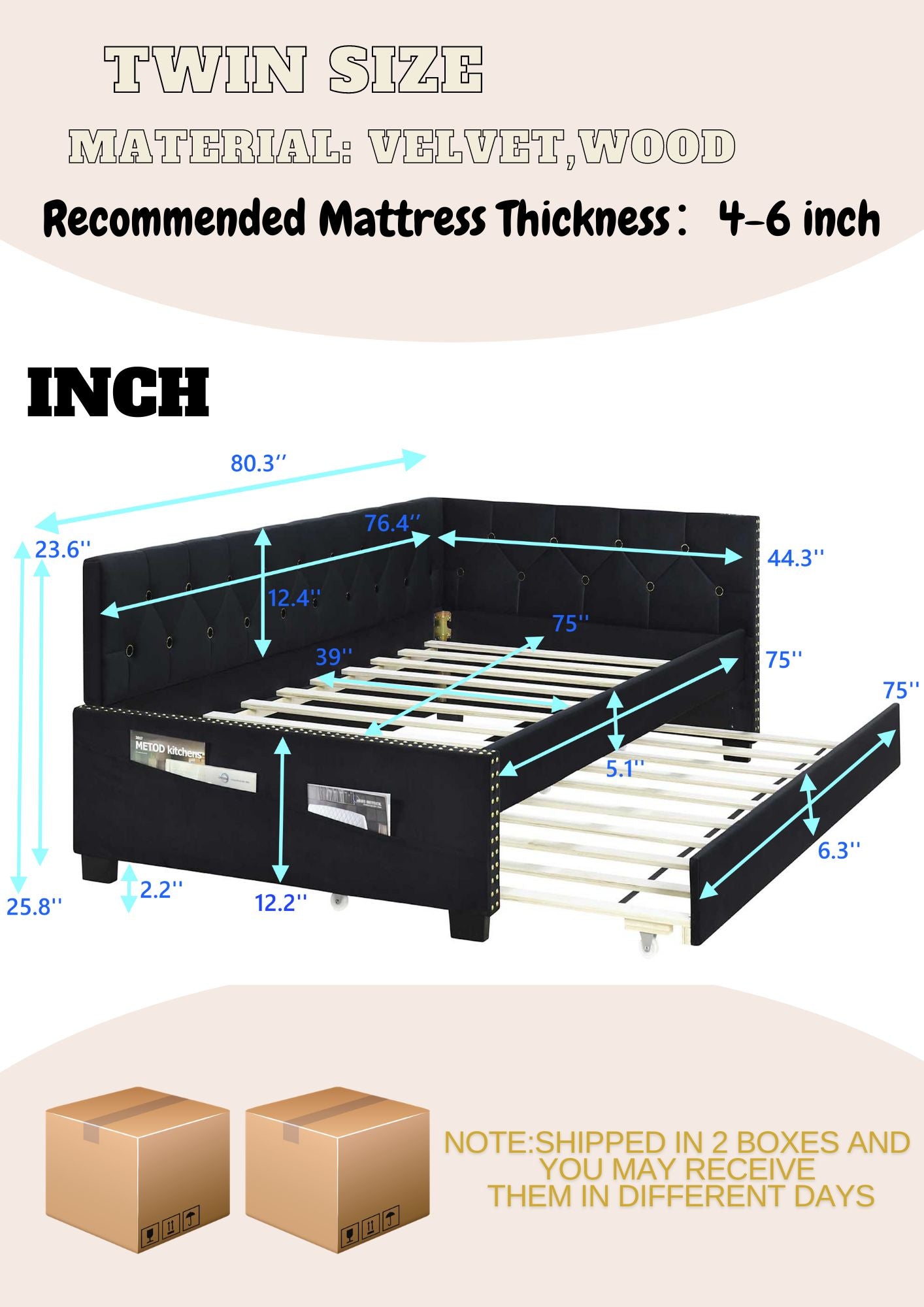 Space-Saving Twin Size Daybed Frame with Trundle in Black Velvet