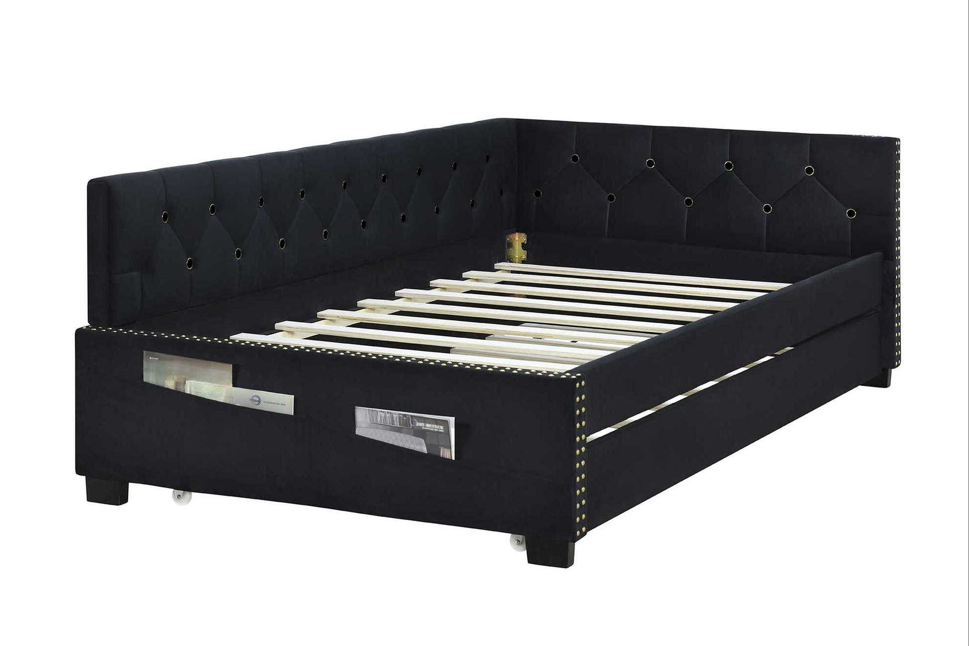 Black velvet daybed with tufted backrest and nailhead trim