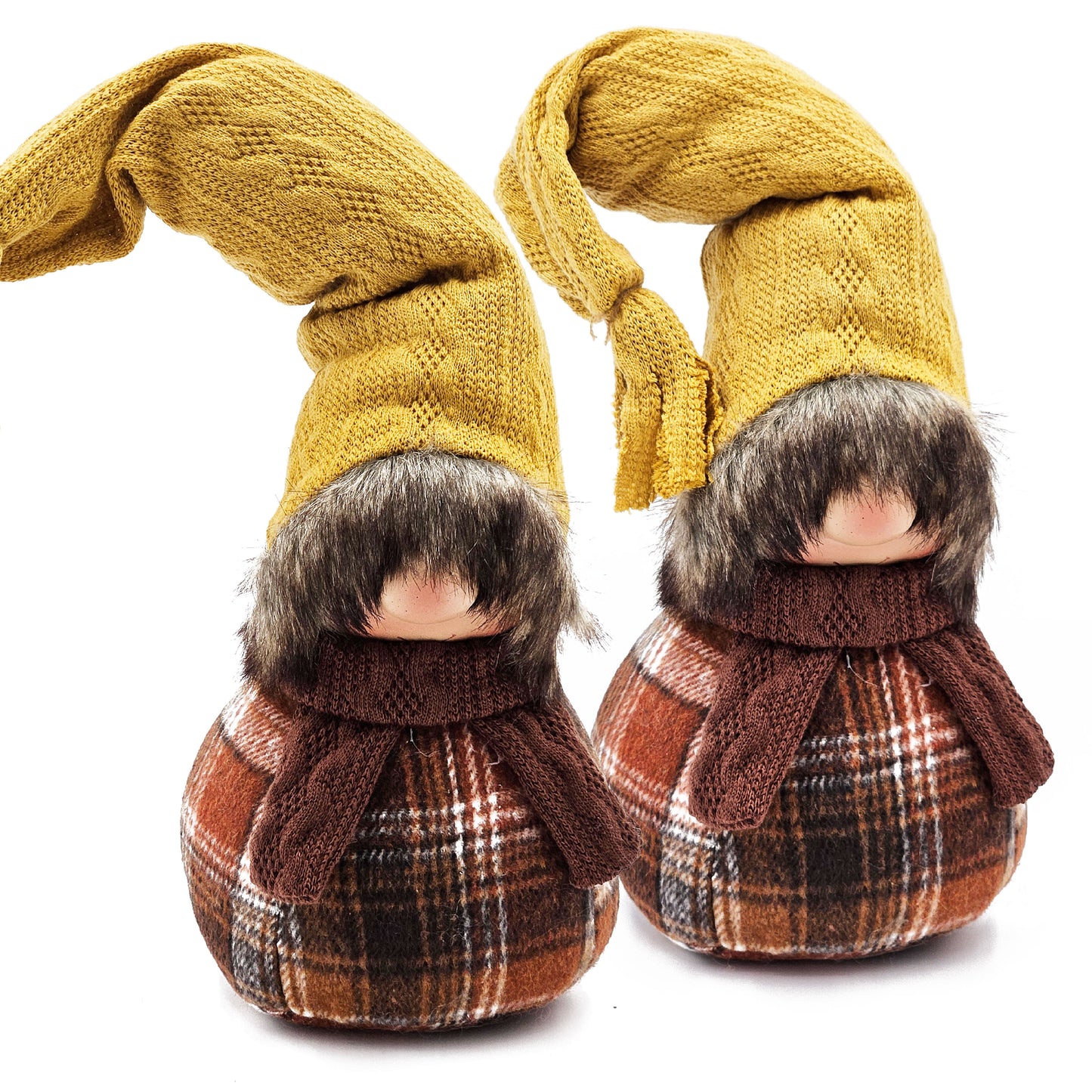 Two plush gnomes with yellow knitted hats brown plaid bodies and faux fur beards