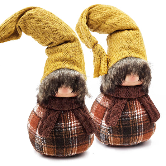 Two plush gnomes with yellow knitted hats brown plaid bodies and faux fur beards