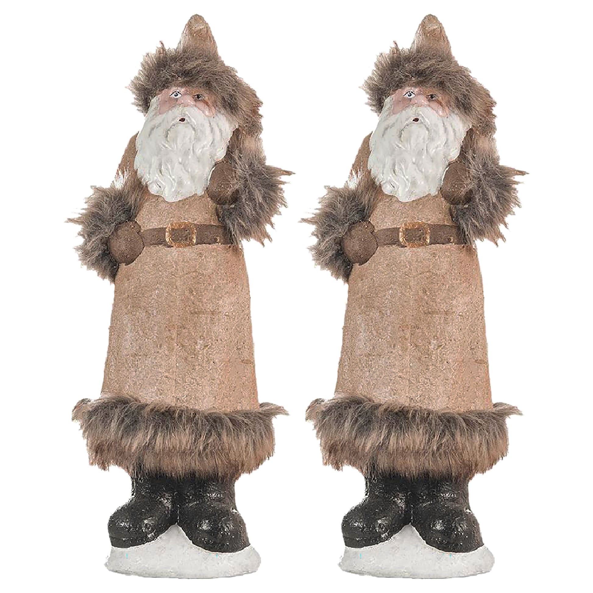 Two rustic standing Santa Claus figures with fur trim and snowcovered boots