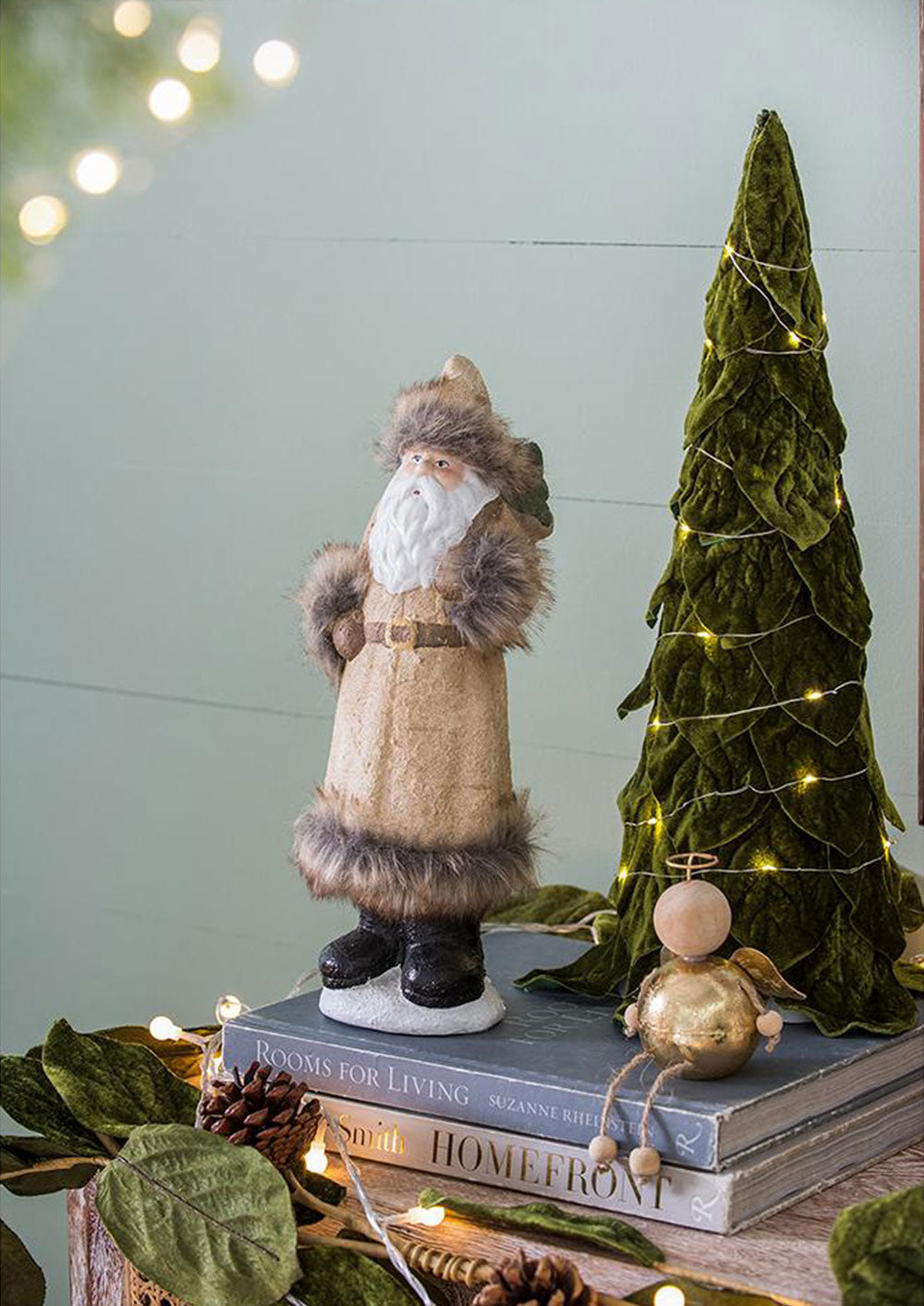 Rustic Santa figurine with faux fur trim and hat perfect for holiday decor