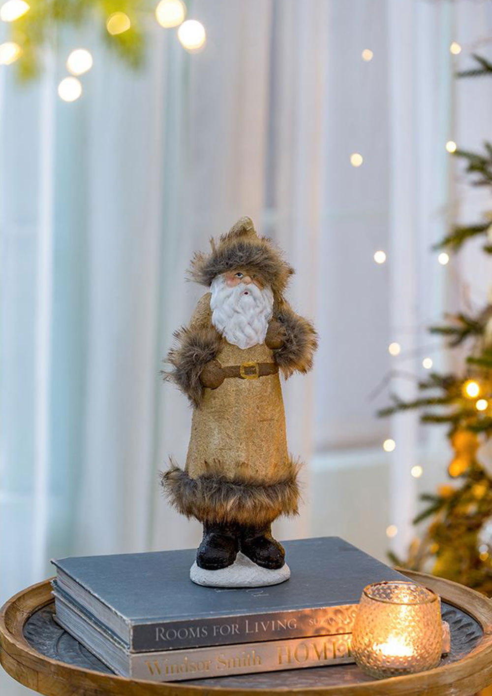 Rustic Santa Claus figurine with fur trim natural burlap coat and weathered leather belt
