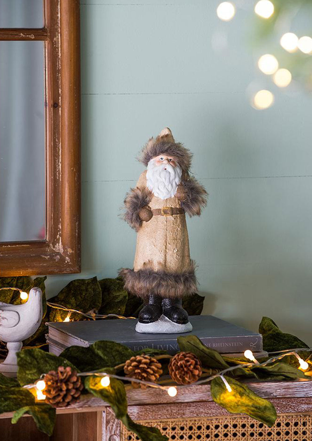 Rustic Santa figurine with fur trim and hat perfect for holiday decor