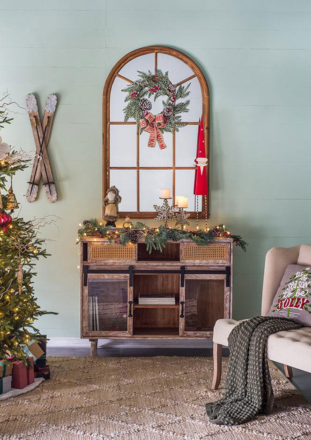 Rustic wooden console table with woven baskets and glass doors perfect for entryway storage