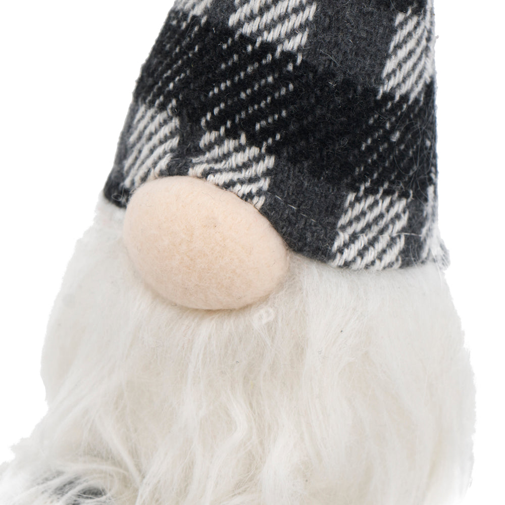 Soft plush gnome with black plaid hat and white beard