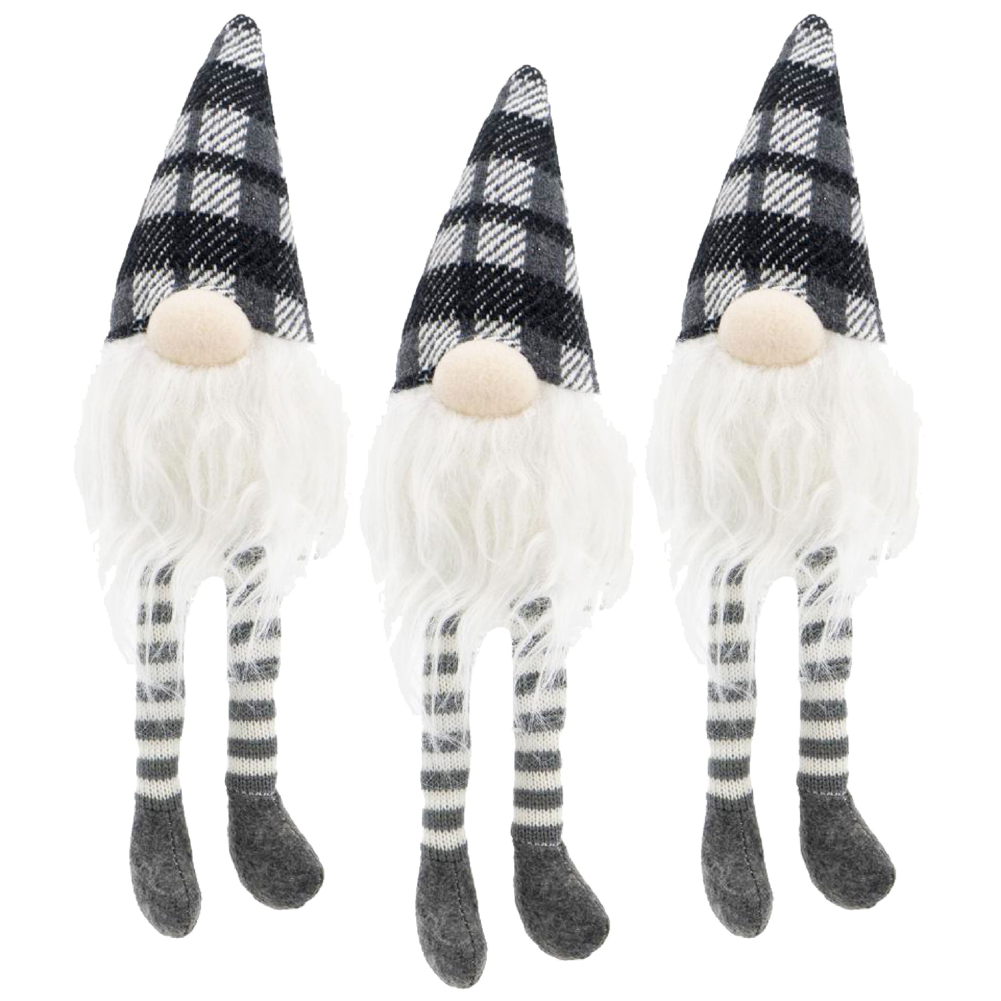 Three decorative gnomes with grey plaid hats and striped legs for festive holiday decor