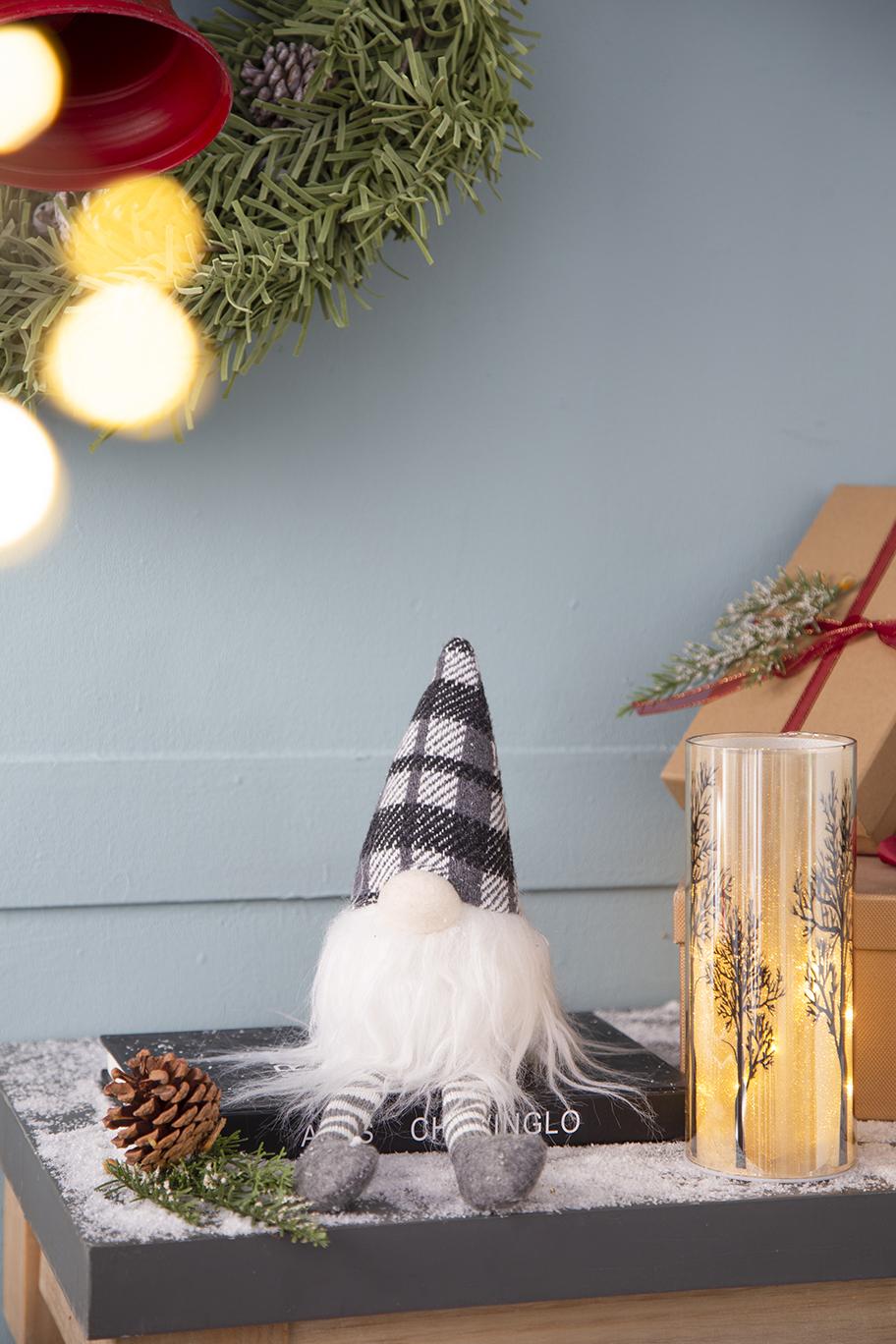 Gnome decoration with black and white plaid hat and long white beard