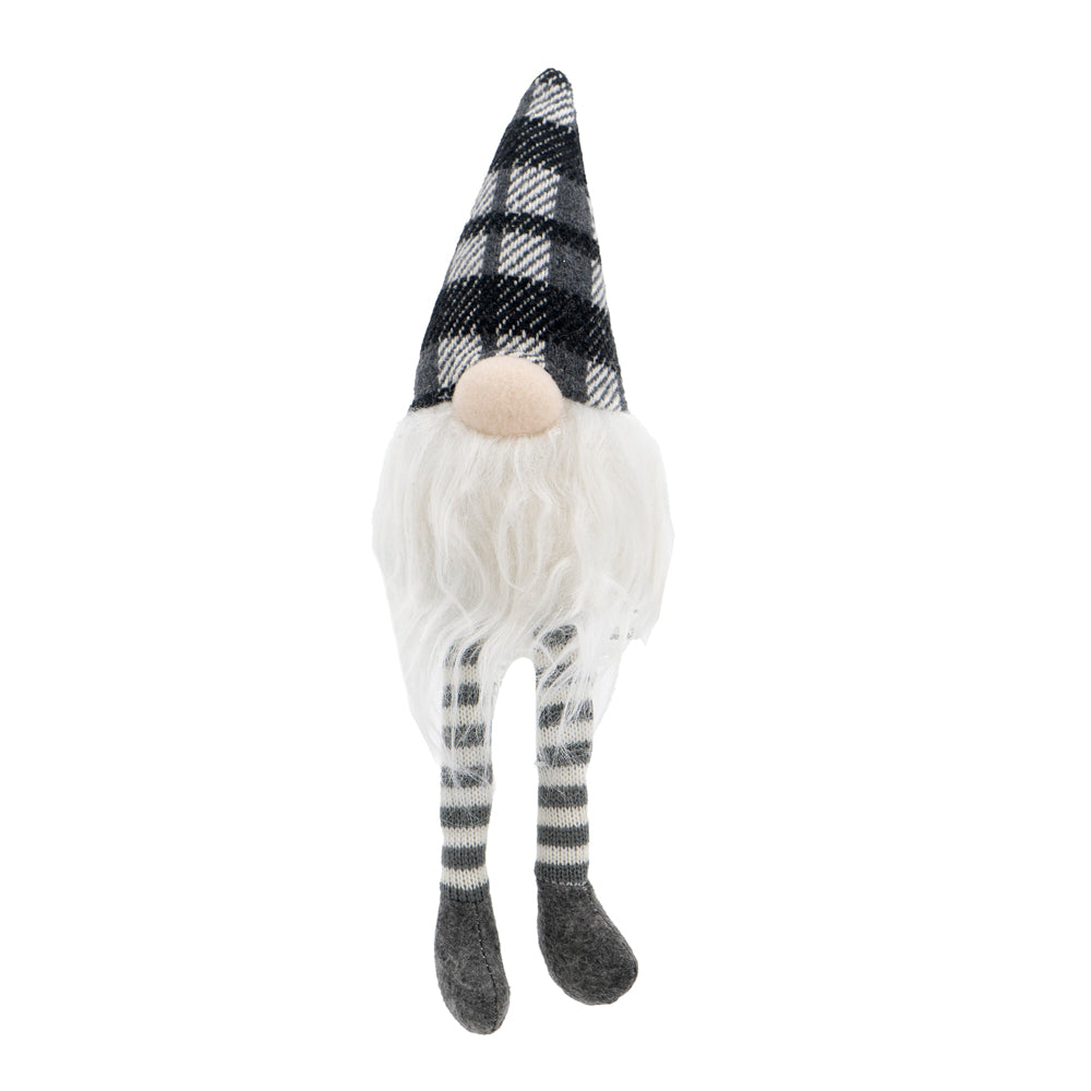 Plush gnome decoration with black and white plaid hat long white beard and striped legs