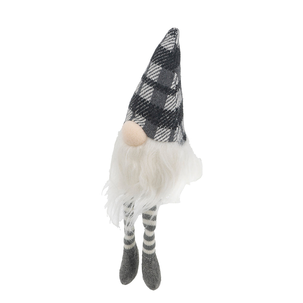 Plush grey and white plaid gnome with long white beard and striped legs