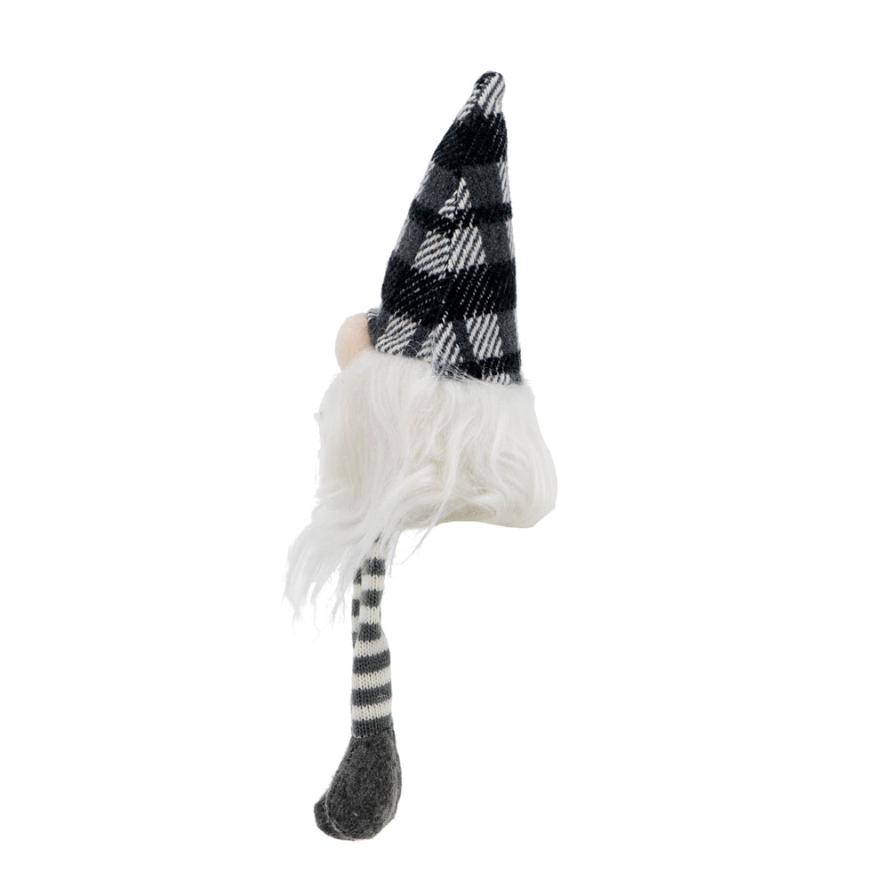 Black and white plaid gnome with white beard and striped legs