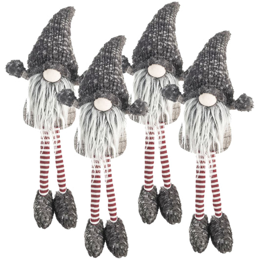 Four grey knitted gnomes with striped legs ideal for holiday decor