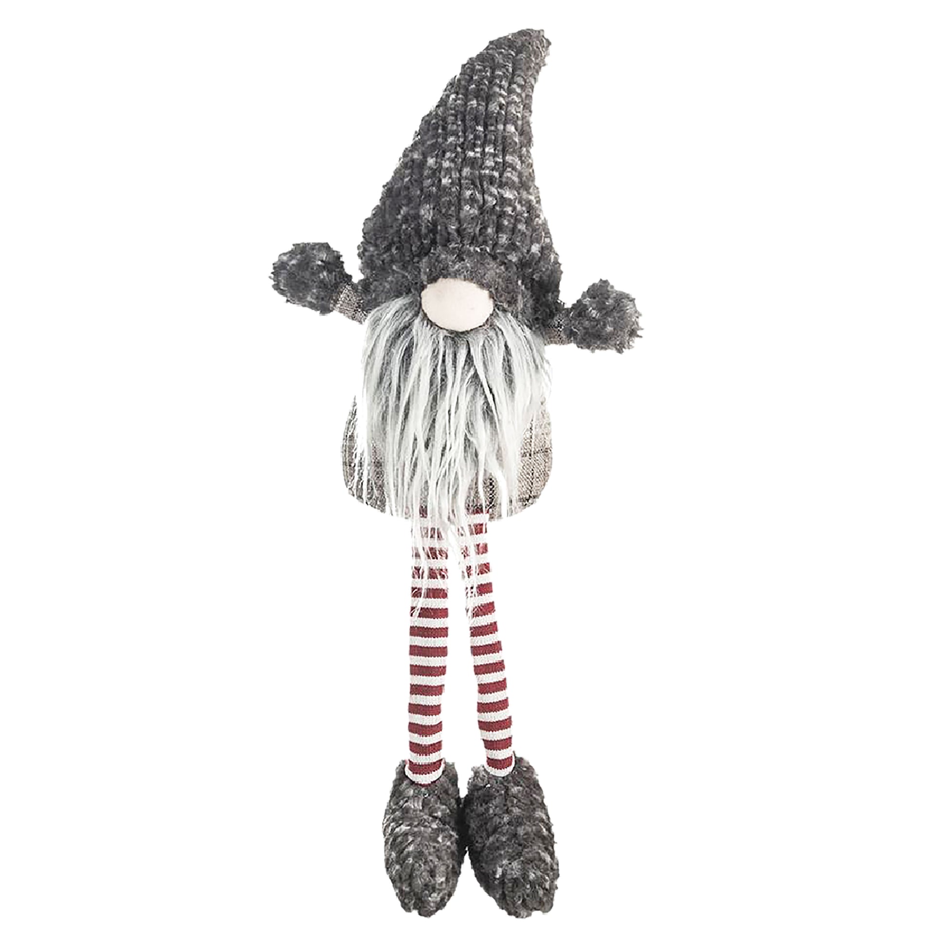 Gray knit Christmas gnome with long white beard and red striped legs