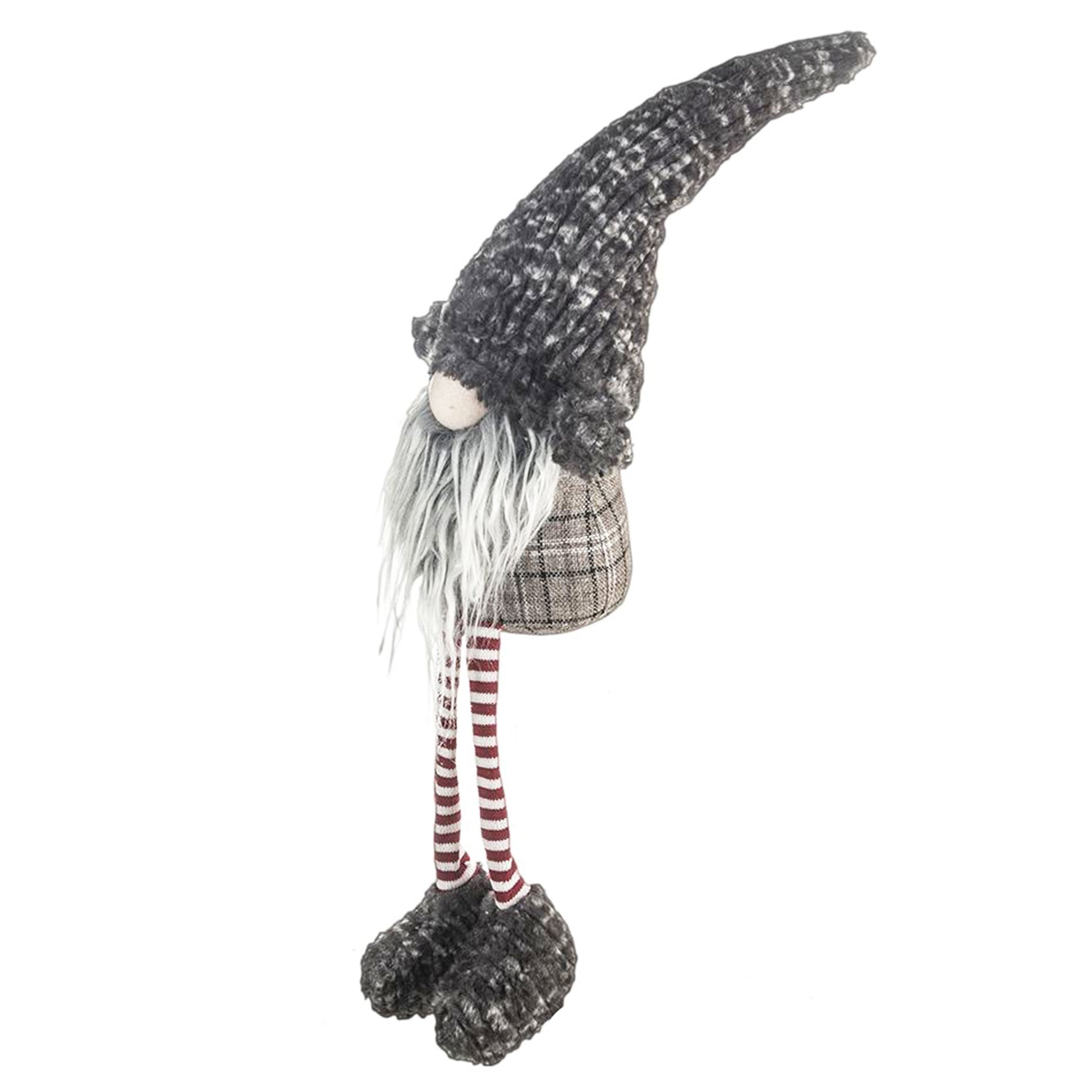 Plush gnome with tall grey knitted hat and tartan body ideal for holiday decor