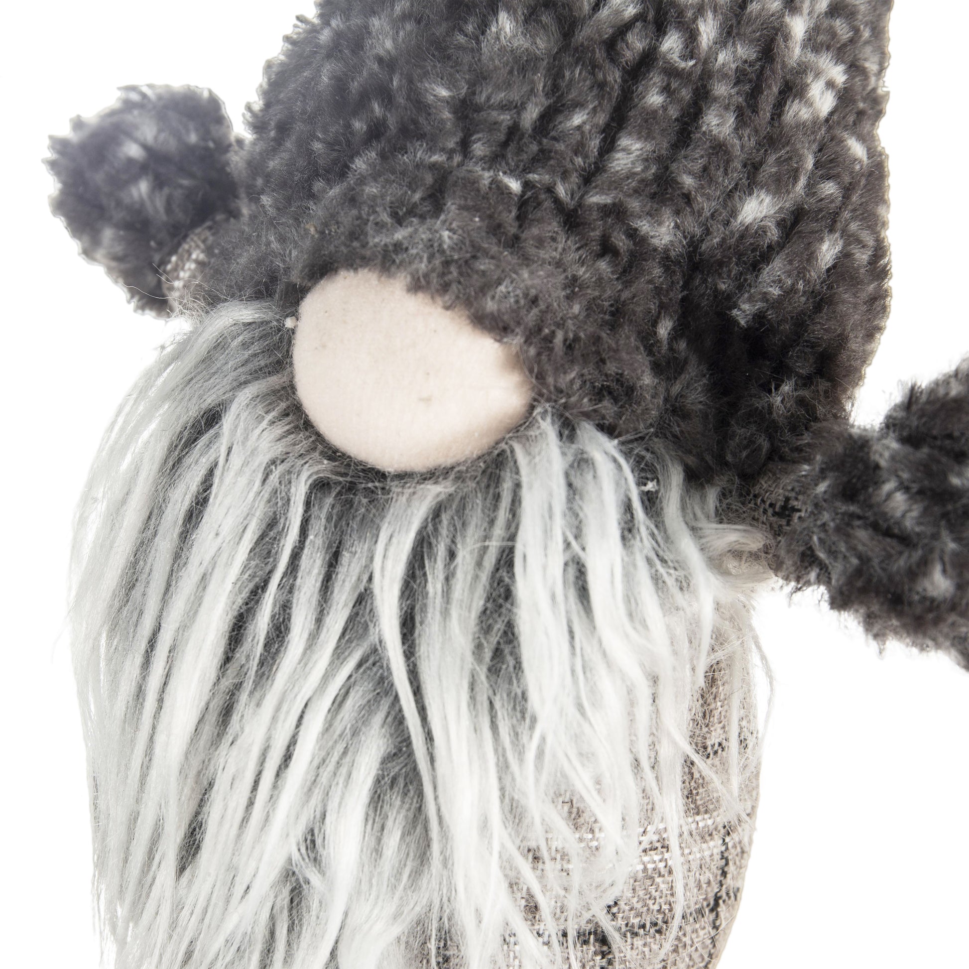 Fluffy grey gnome figurine with long white beard and fuzzy ears perfect for winter decor