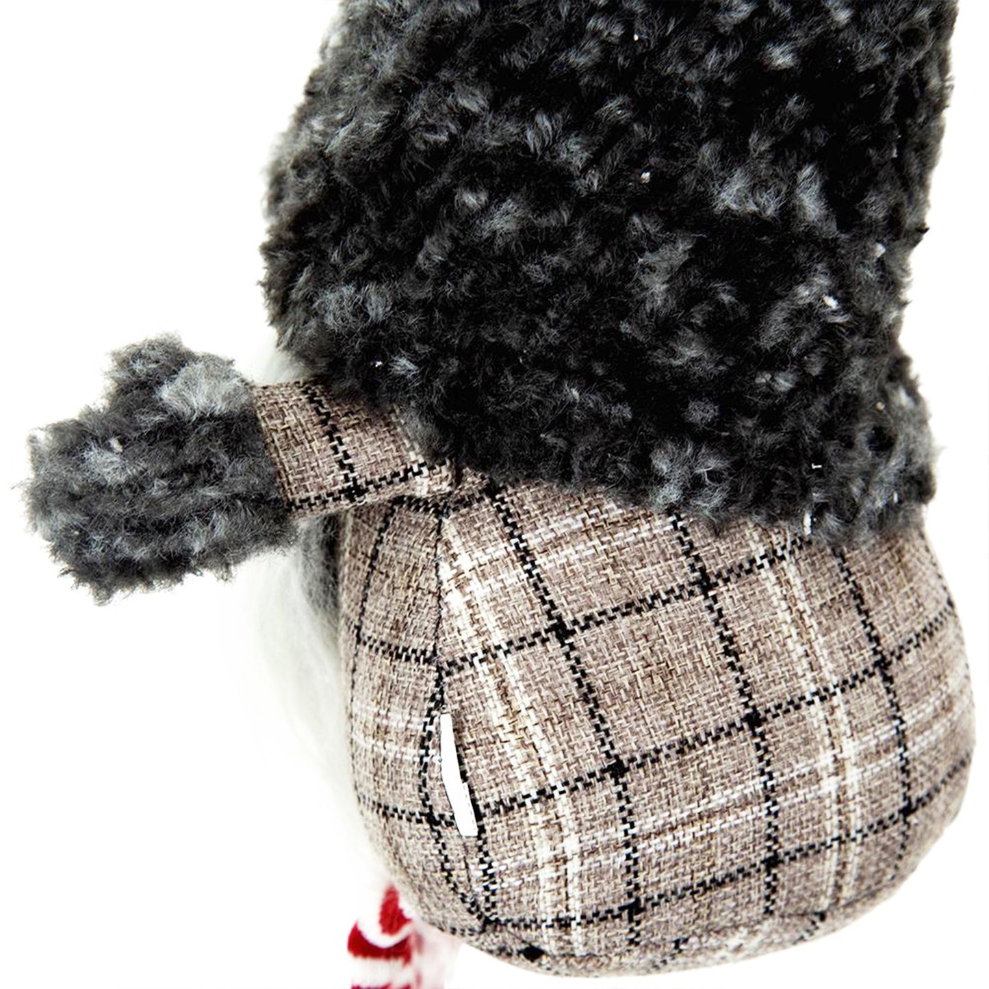 Fluffy grey gnome hat with plaid brown tweed body and white beard