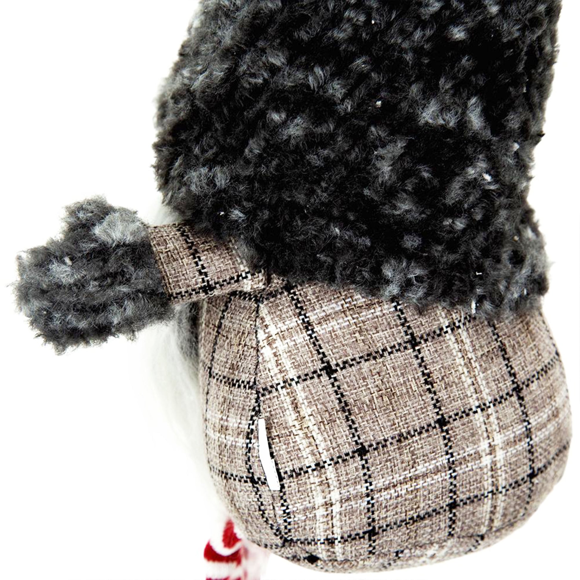 Fluffy grey gnome hat with plaid brown tweed body and white beard