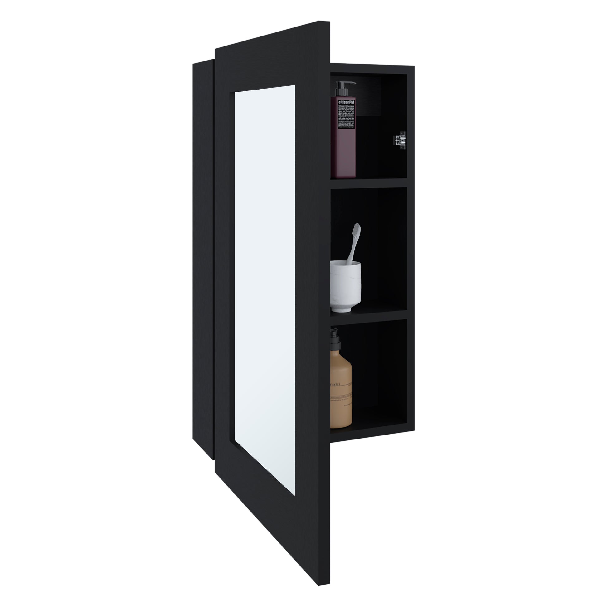 Black modern medicine cabinet with mirrored door and open shelves