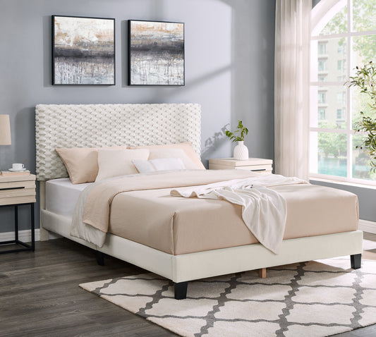 Plush white diamond tufted headboard bed frame with beige bedding