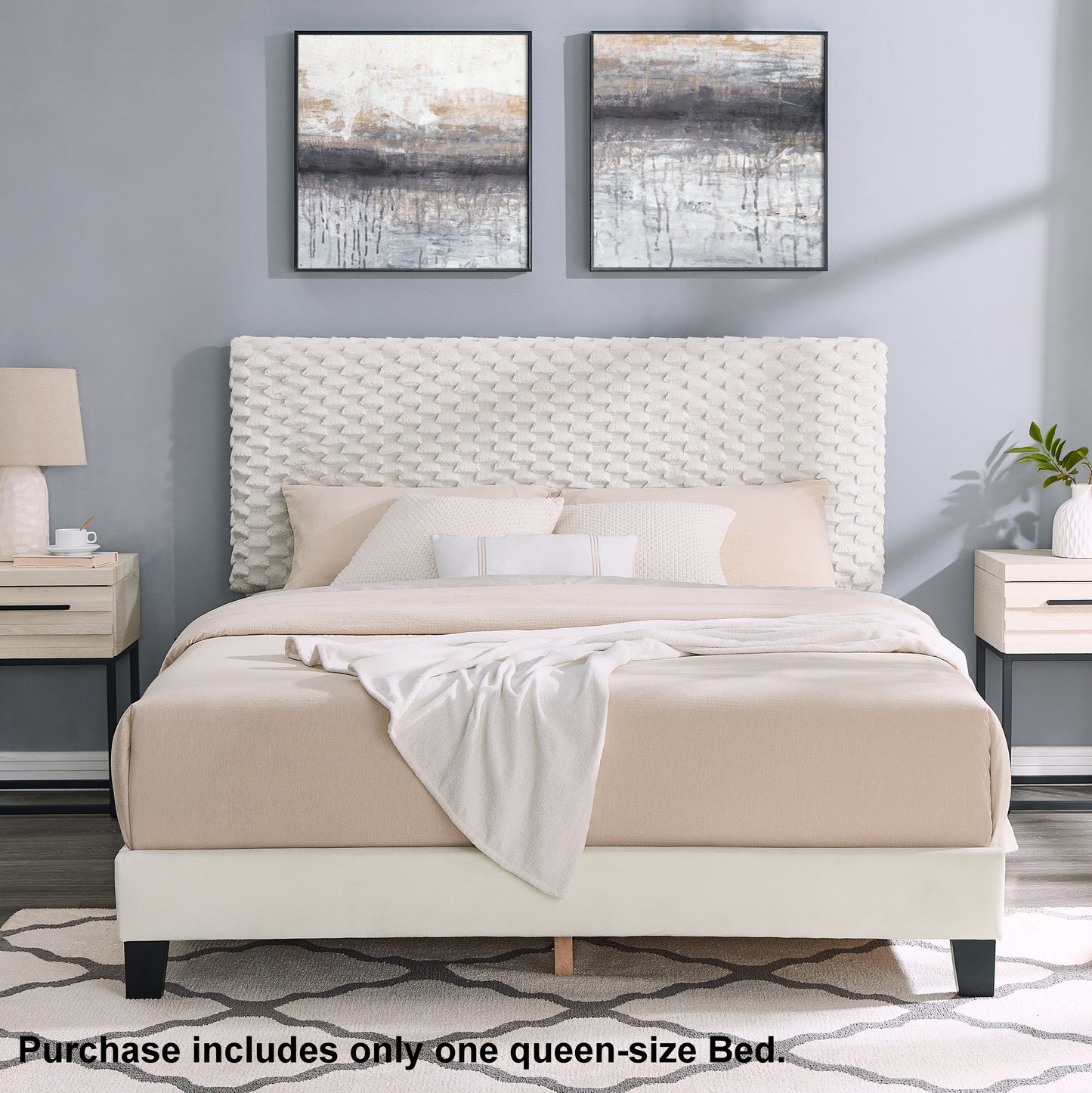 Textured white queen bed frame with plush headboard and beige bedding