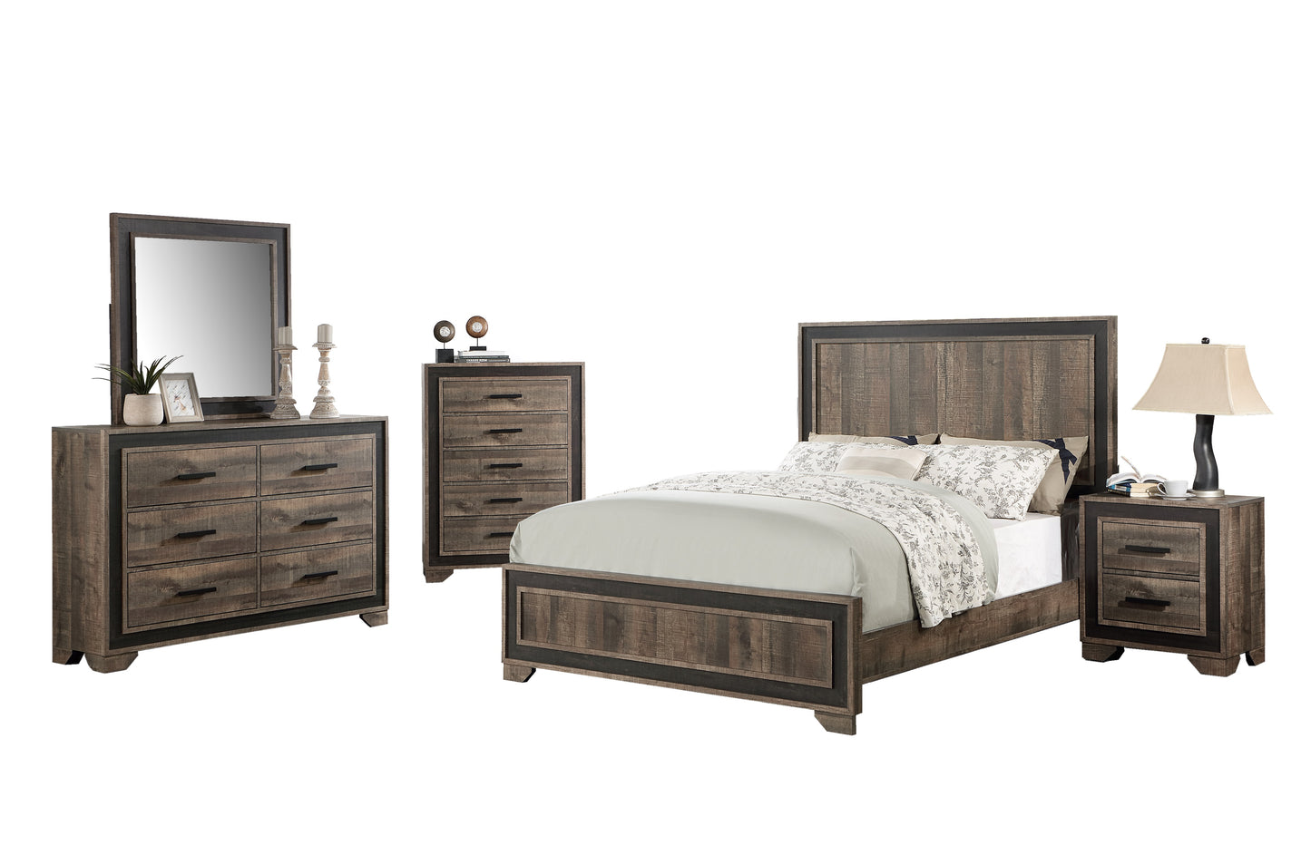 Rustic brown wood bedroom set with queen bed frame dresser chest and nightstand