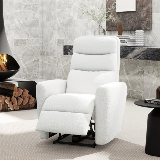 Plush white fabric recliner chair with plush upholstery perfect for cozy living rooms