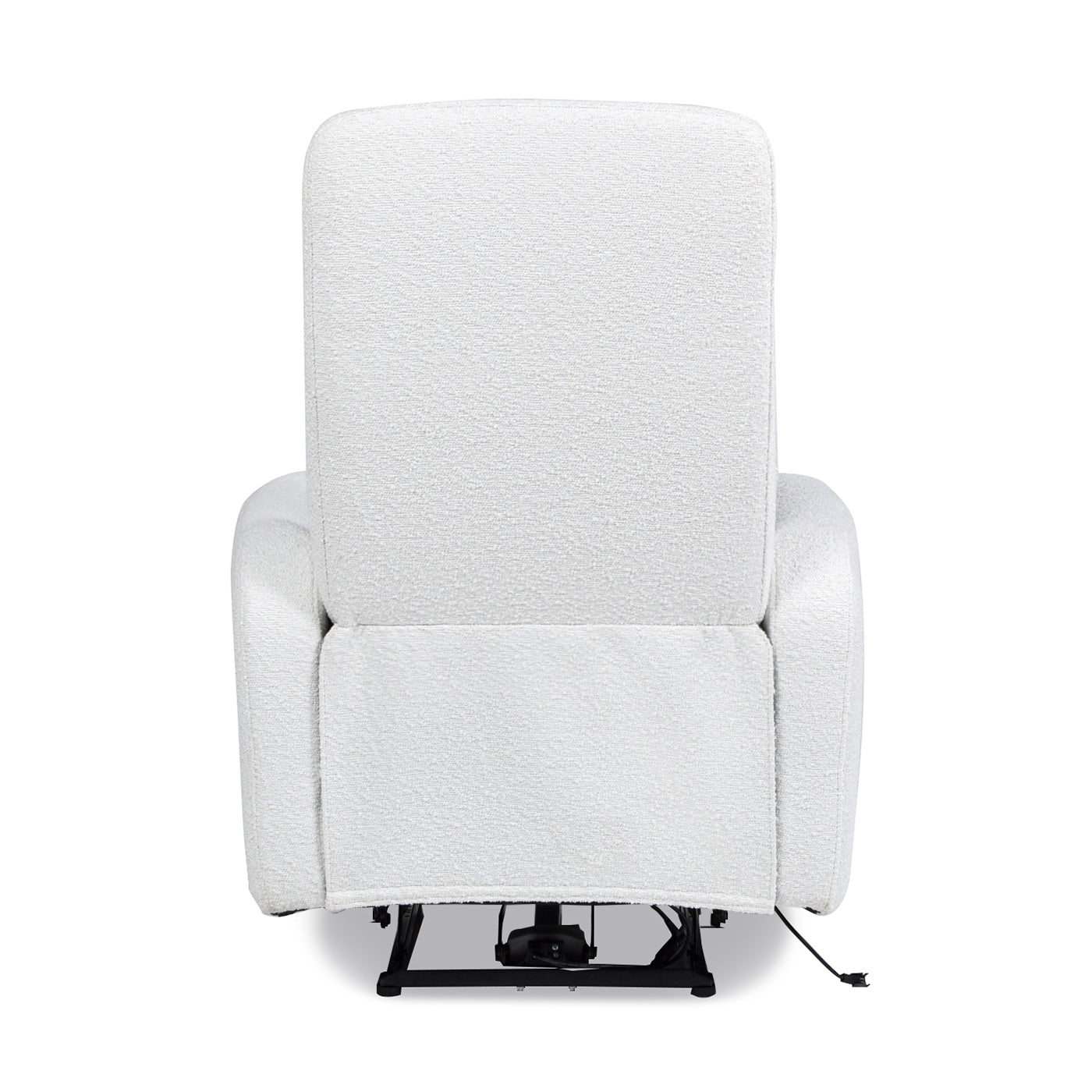 Back view of a plush white recliner chair with textured fabric and a sturdy black metal base