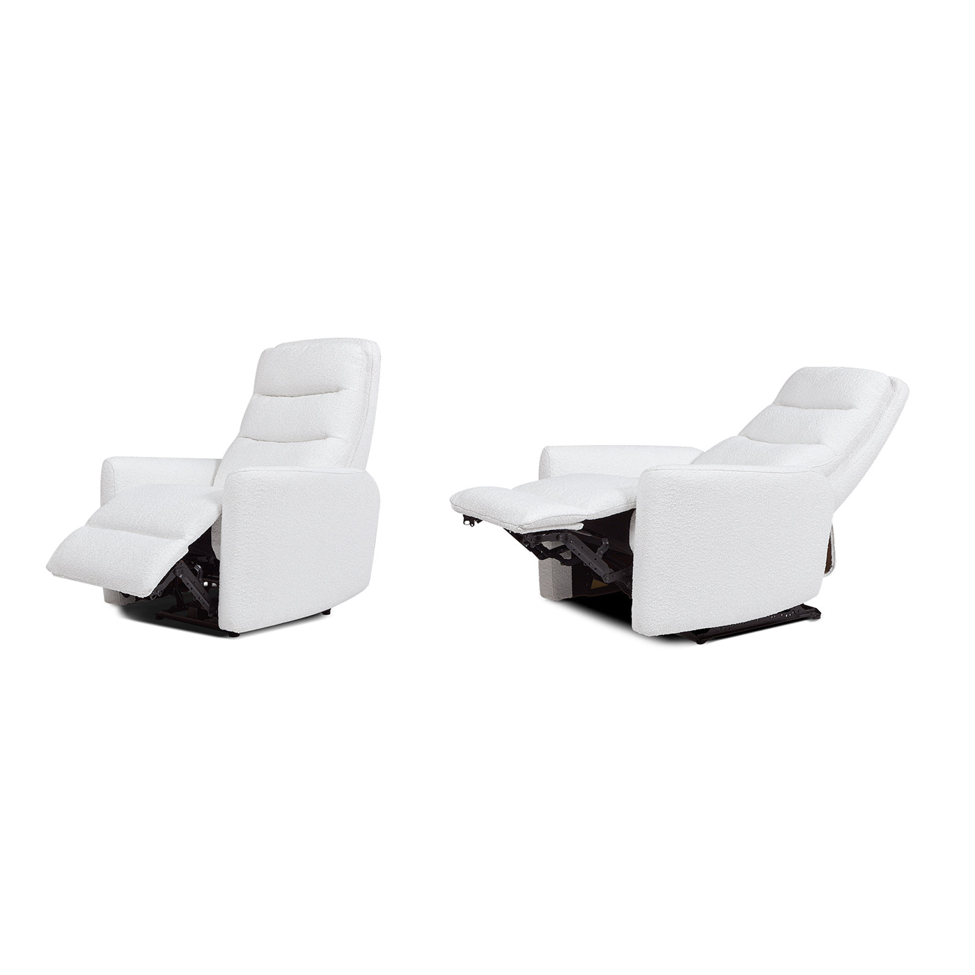 White boucle fabric recliner chair with footrest extended