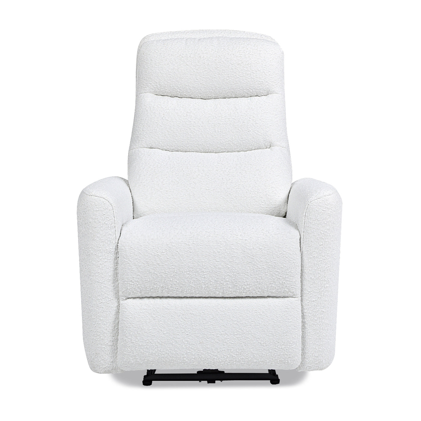 Plush white boucle fabric recliner chair with padded back and arms