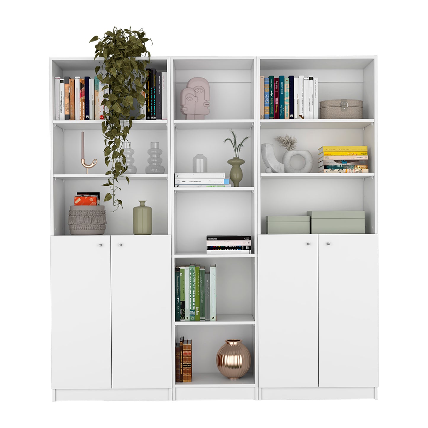 White modern bookshelf with assorted books vases and a hanging plant