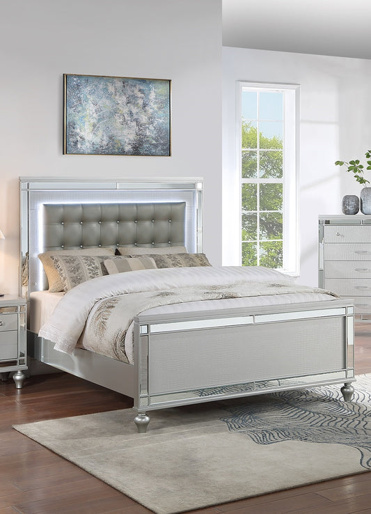 Glamorous silver bed with tufted gray headboard and builtin LED lighting for a modern bedroom