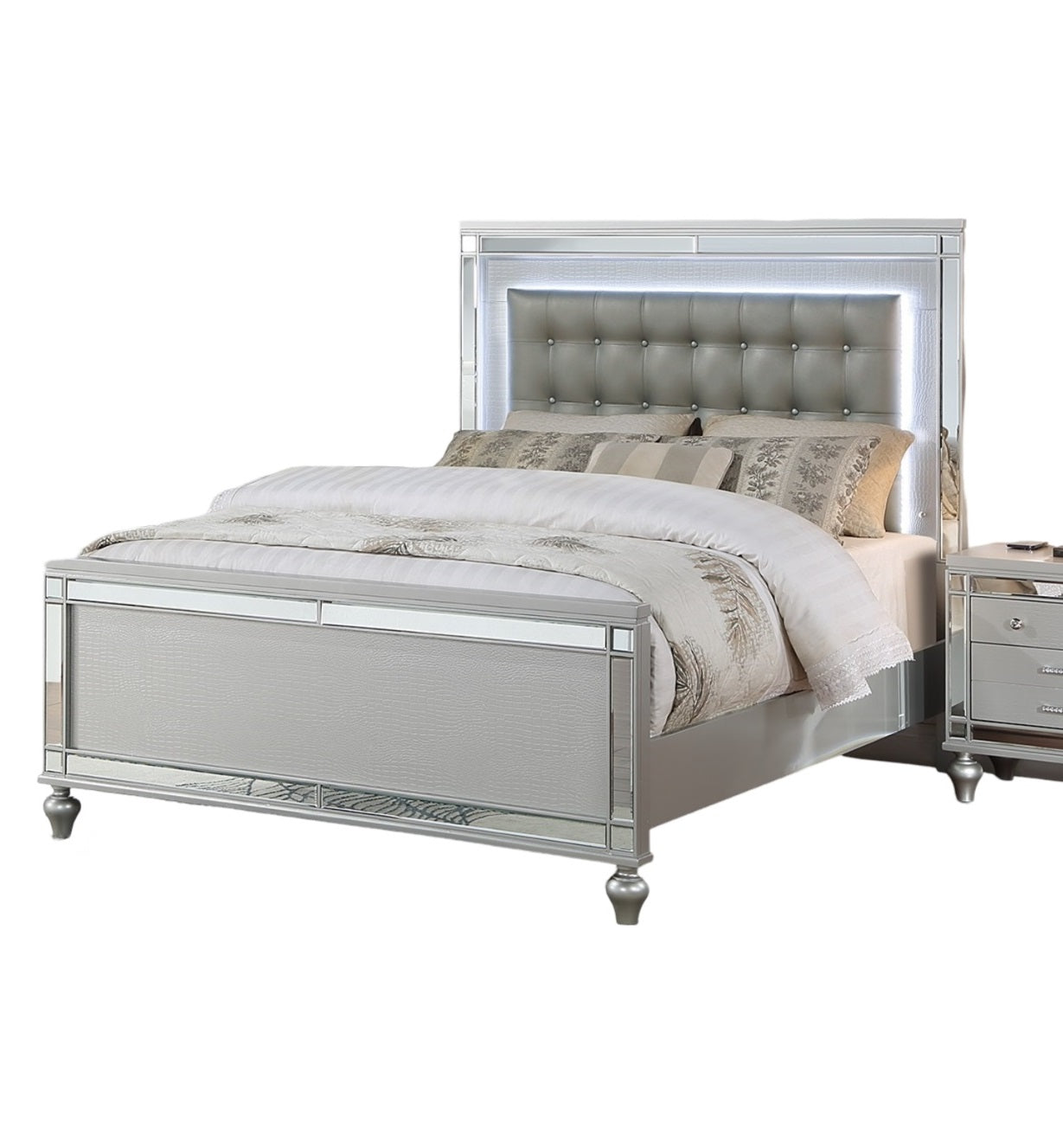 Silver upholstered queen bed with LED headboard and mirrored accents