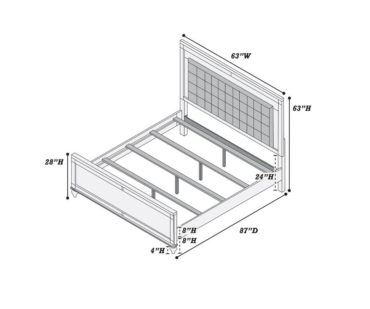 Diagram of a wooden queen bed frame with tufted headboard and dimensions