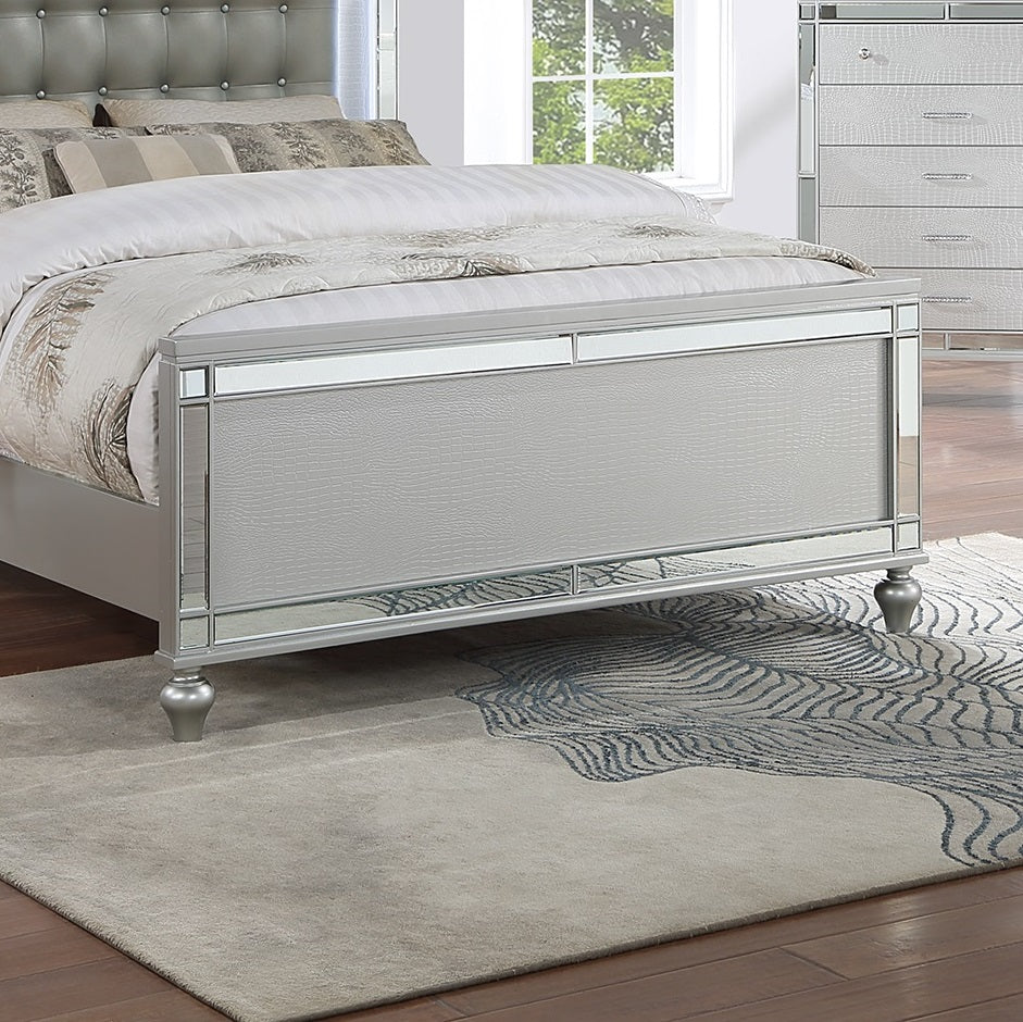 Silver alligator embossed upholstered platform bed with mirrored accents