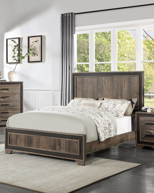 Rustic wood queen bed frame with dark accents and floral bedding