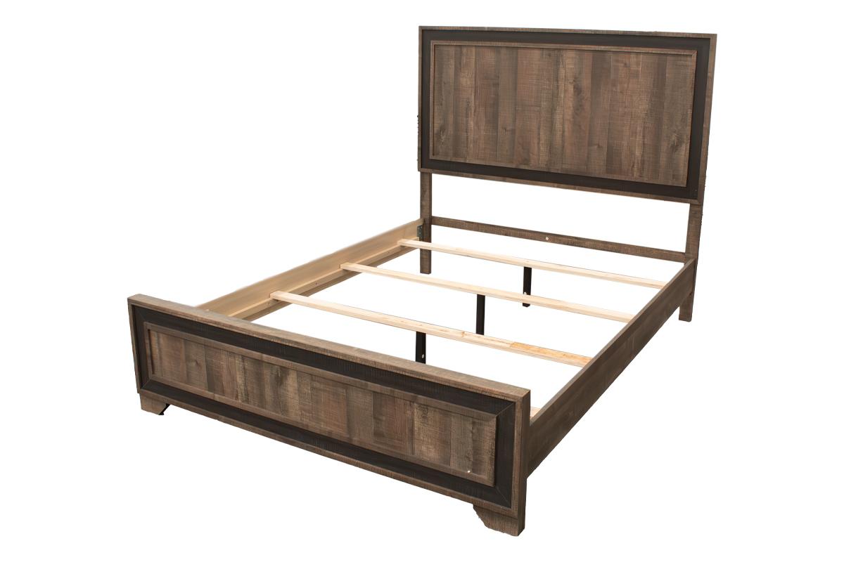 Rustic brown wooden bed frame with a dark trim headboard and footboard queen size