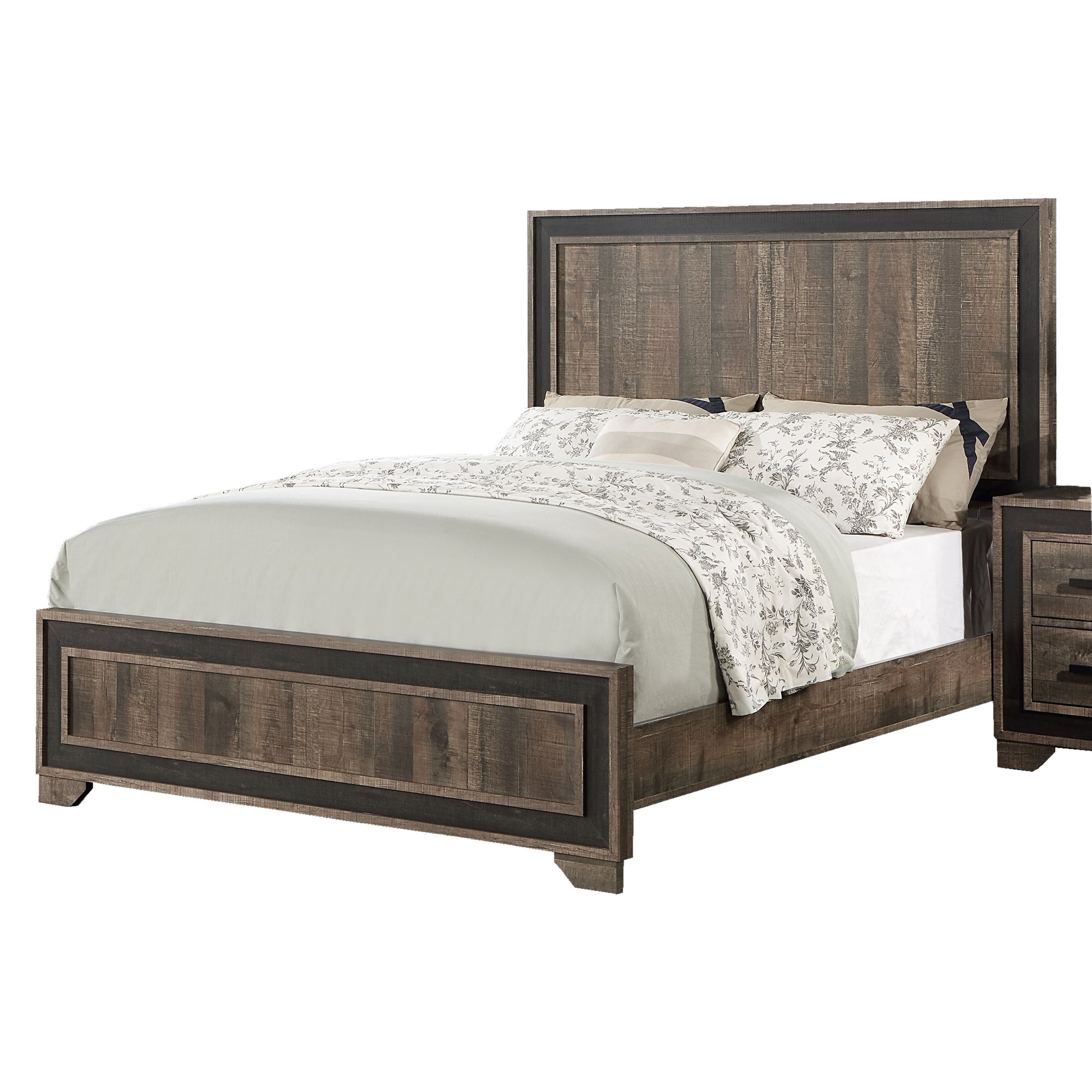 Rustic wood king bed frame with dark accent trim and floral bedding