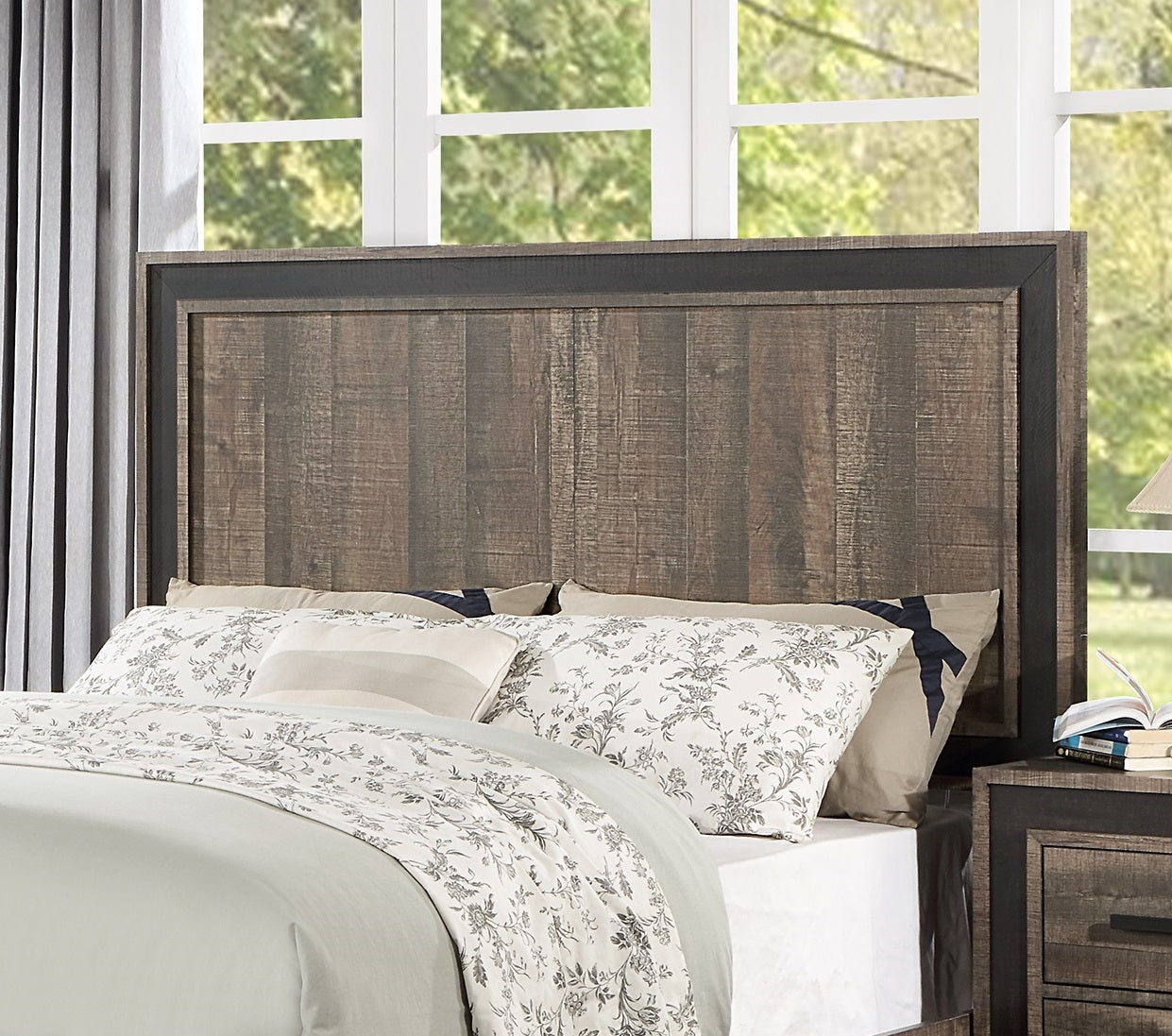 Rustic brown wood headboard with dark metal accents perfect for a farmhouse bedroom