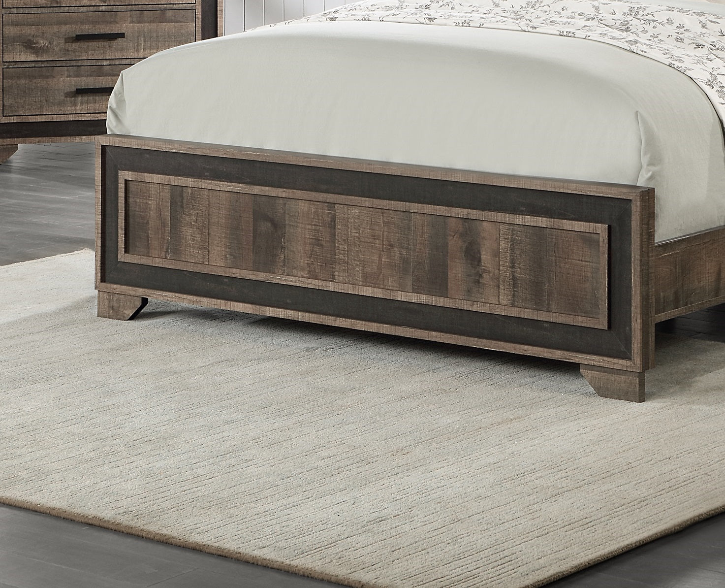 Rustic wood panel bed frame with dark wood accents and a light gray rug