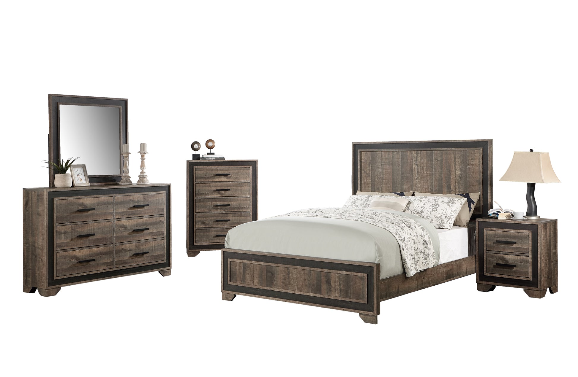 Rustic wood bed frame with dark metal accents and a grey comforter