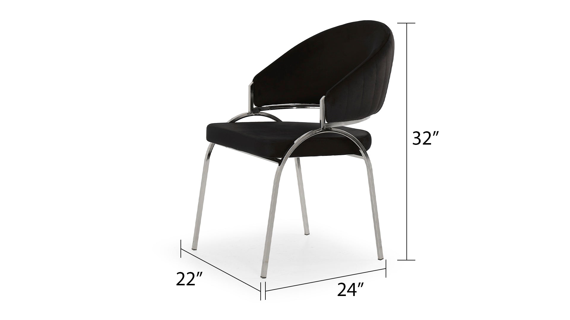 Black velvet accent chair with chrome legs and stitched detailing for modern living rooms