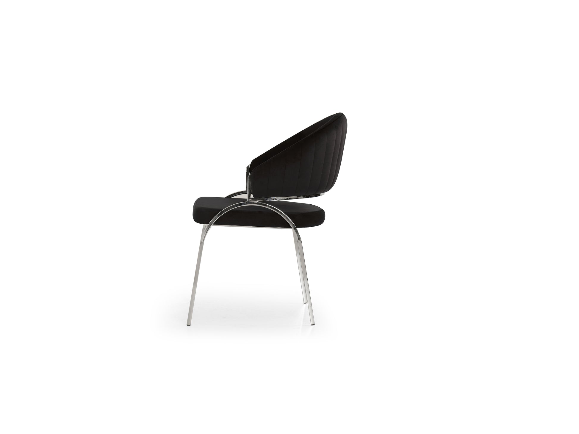 Black velvet dining chair with channeled back and chrome legs