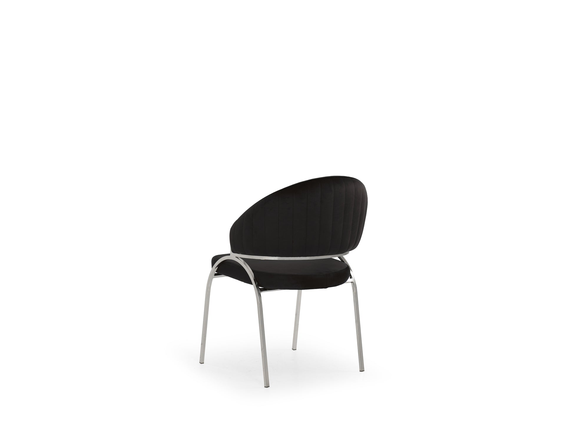 Black velvet dining chair with silver metal legs tufted back detail