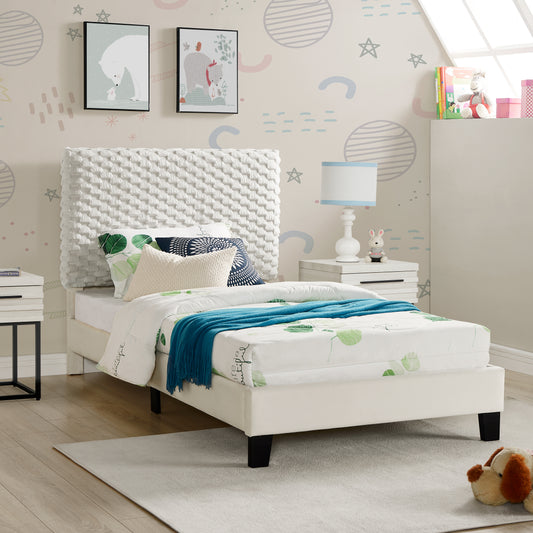 White textured headboard bed frame with botanical print duvet and teal throw blanket