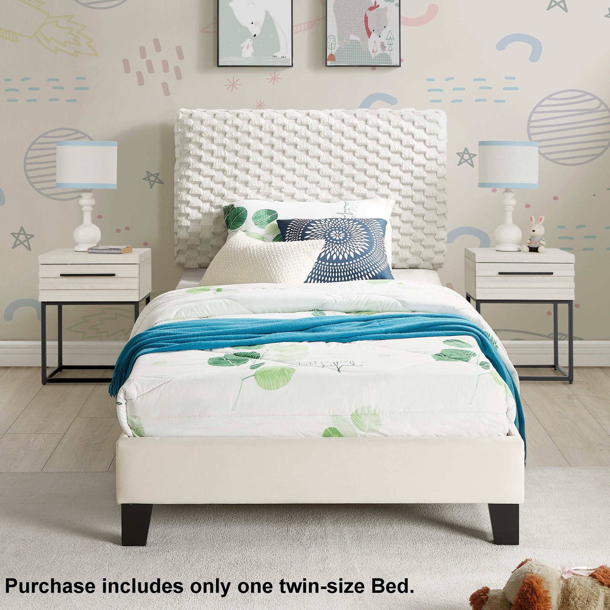 Cream upholstered twin bed with textured white headboard and botanical print bedding
