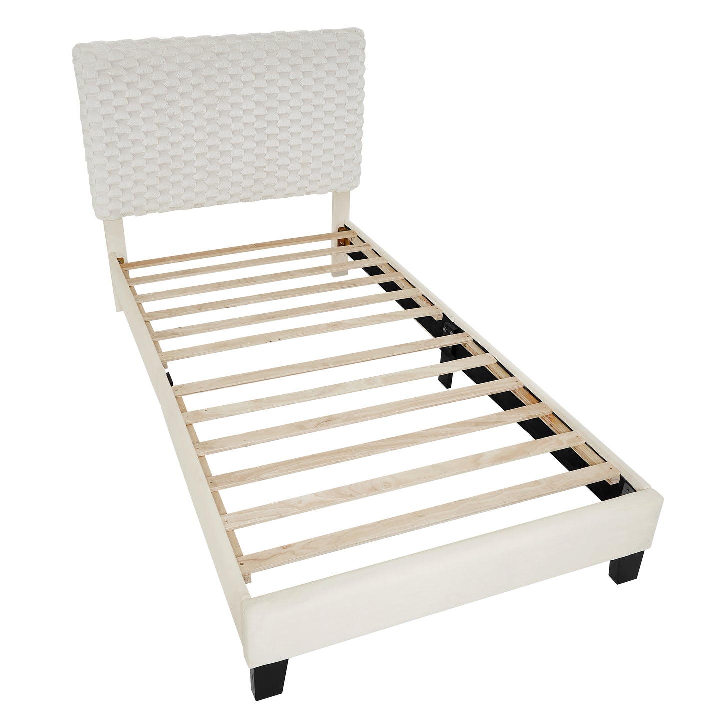 White upholstered bed frame with a woven headboard and wooden slats