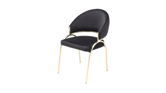 Black upholstered dining chair with curved back and gold metal legs