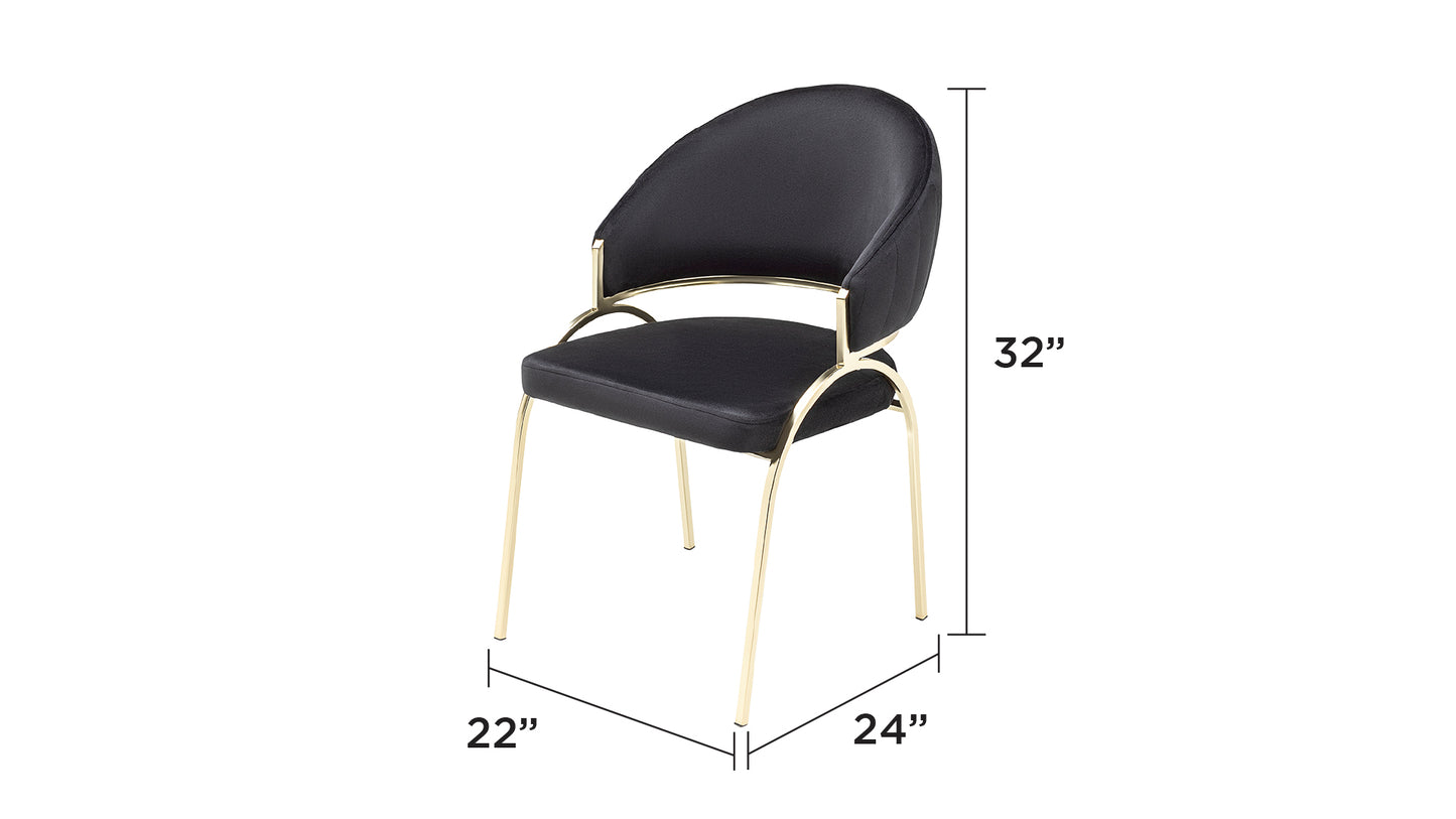Black velvet accent chair with gold metal legs and curved backrest