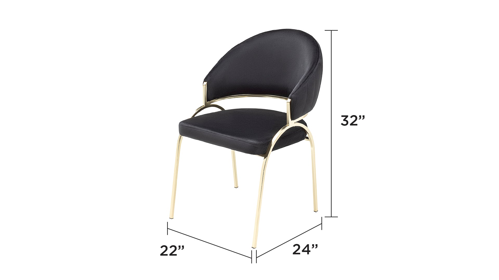 Black velvet accent chair with gold metal legs and curved backrest